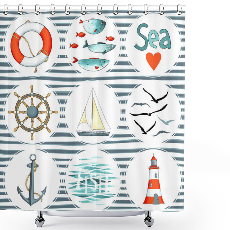 Personality  Sea Set Of 9 Nautical Elements Isolated   Shower Curtains