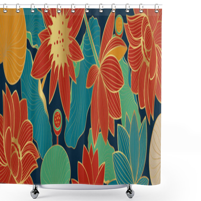 Personality   Vector Banner With Golden Lotus Flowers On A Blue Background. Chinese Background Shower Curtains