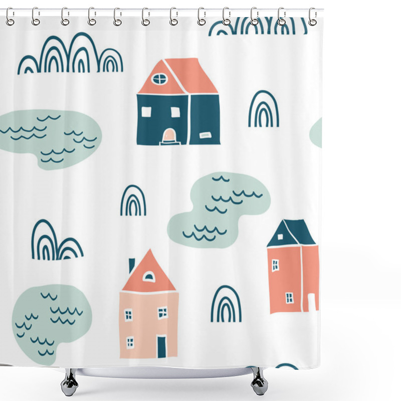 Personality  Seamless Landscape Pattern. Scandinavian Simple Minimalist Houses, Lakes And Doodles. Funny Map Texture. Cute Stylized City. Hand Drawn Cartoon Street Illustration For Children Textile, Fabric Shower Curtains