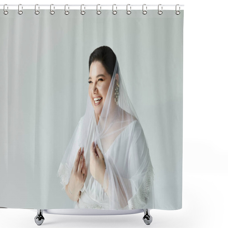 Personality  A Joyful Bride In A Graceful White Gown Shines With Elegance, Adorned With Beautiful Earrings And A Veil. Shower Curtains