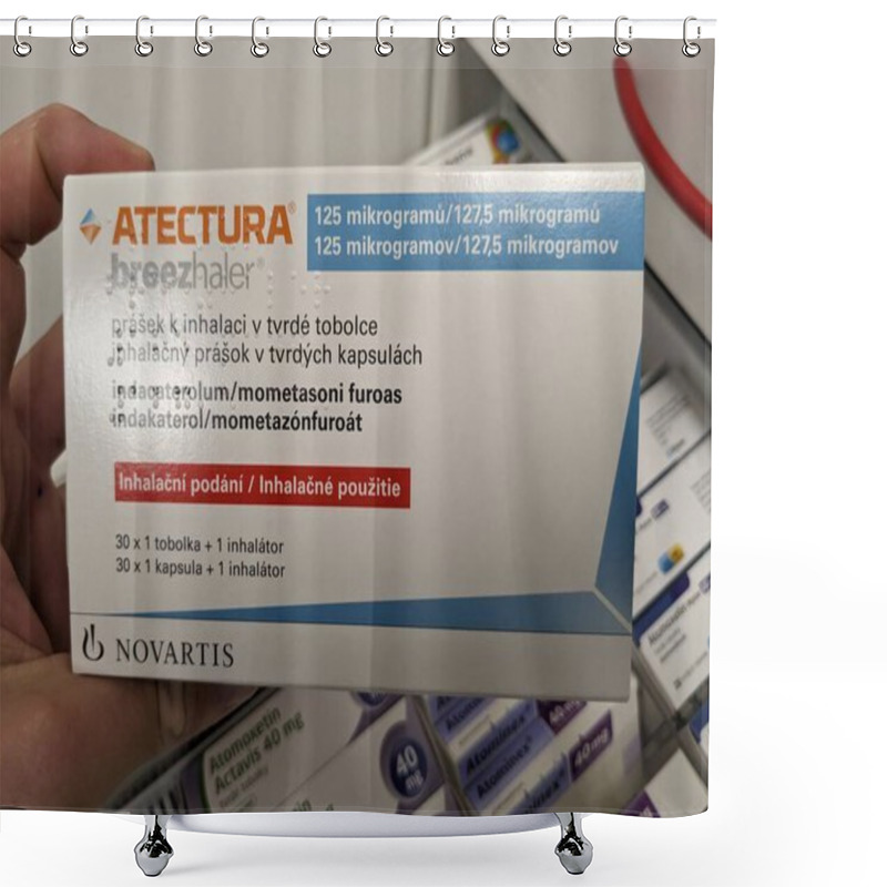 Personality  Prague,Czech Republic-August 7 2024: ATECTURA Box Of Medication With INDACATEROL And MOMETASONE Active Substances By NOVARTIS,used For Treatment Of Asthma,COPD Shower Curtains