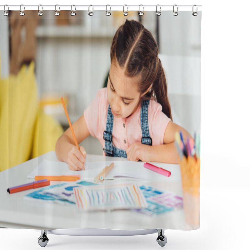 Personality  Selective Focus Of Cute Kid Drawing On Paper At Home  Shower Curtains