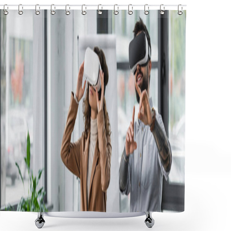 Personality  Panoramic Shot Of Smiling Virtual Reality Architects In Virtual Reality Headsets Pointing With Finger  Shower Curtains