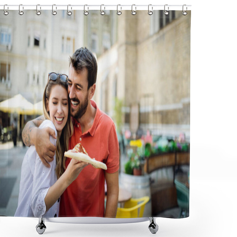 Personality  Happy Couple Laughing And Eating Pizza, Having A Great Time Together Shower Curtains