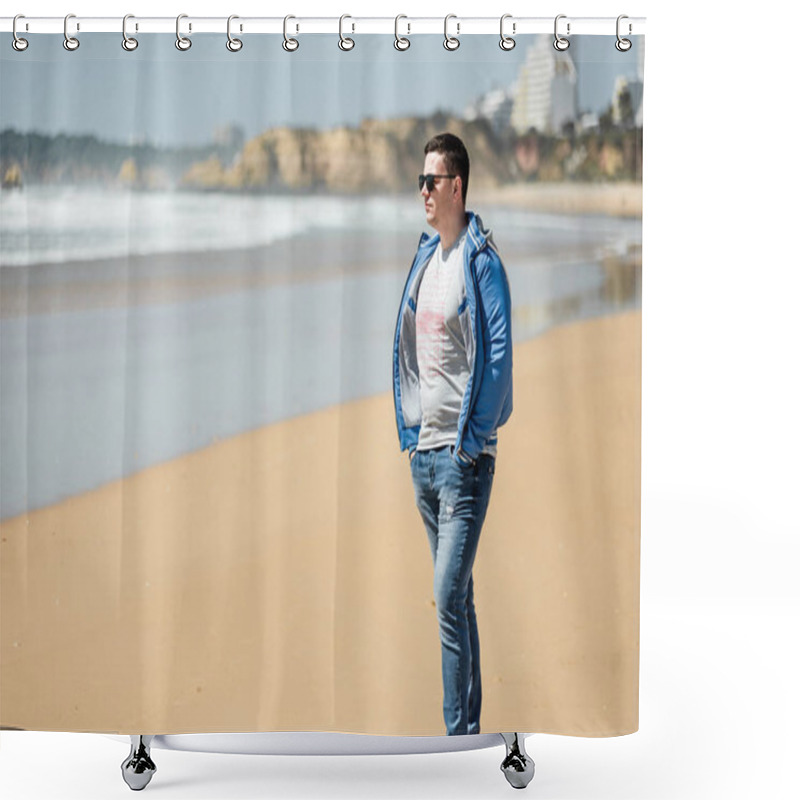 Personality  Young Man Enjoying Sunny Days On The Beach. Portrait Beautiful Guyl Walking And Playing With Sand. Smiling Male Posing Near Ocean. Vacation In Portugal Shower Curtains