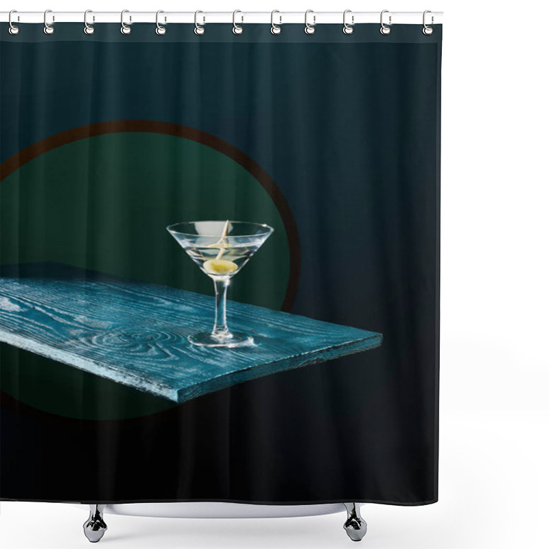 Personality  Cocktail Glass With Vermouth And Whole Olive On Toothpick On Blue Wooden Surface On Geometric Background Shower Curtains