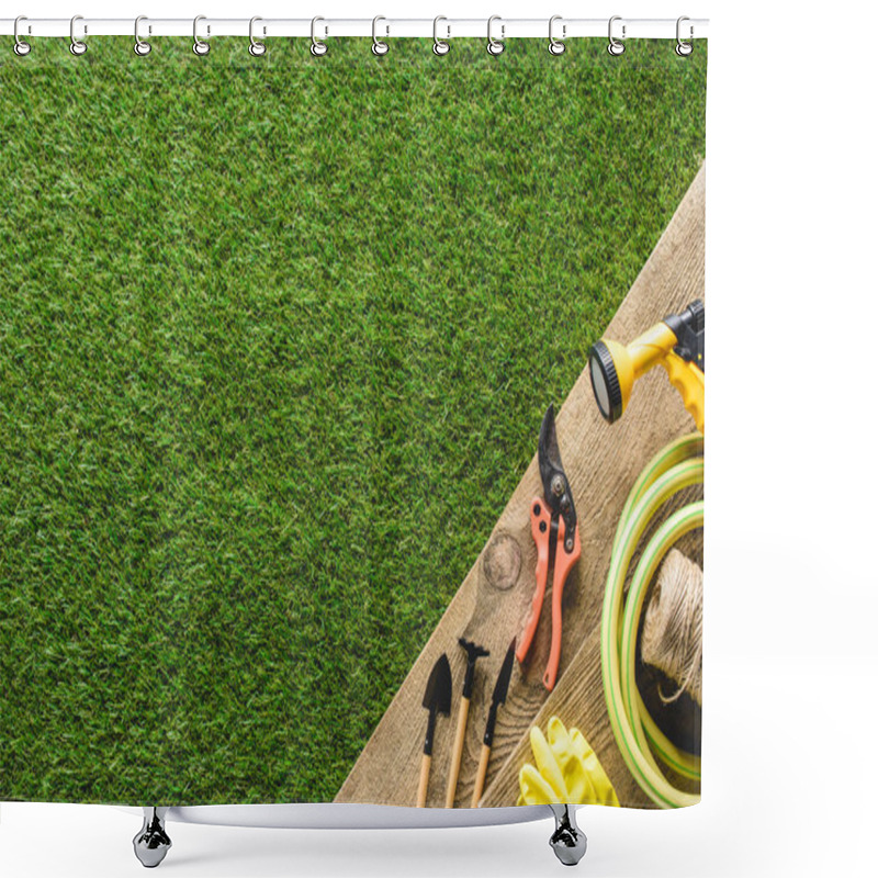 Personality  Top View Of Gardening Equipment And Protective Gloves On Wooden Planks Shower Curtains