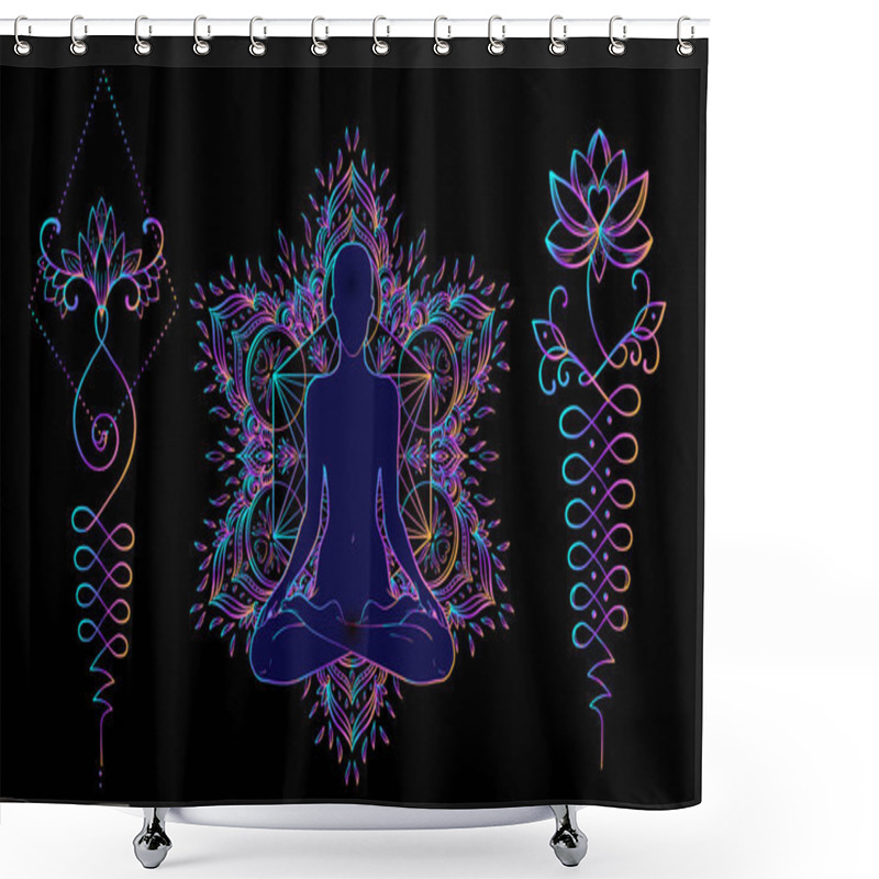 Personality  Sacred Geometry And Boo Symbol Set. Ayurveda Sign Of Harmony And Balance. Tattoo Design, Yoga. Poster, T-shirt Textile. Colorful Gradient Over Black. Astrology, Esoteric, Religion. Shower Curtains