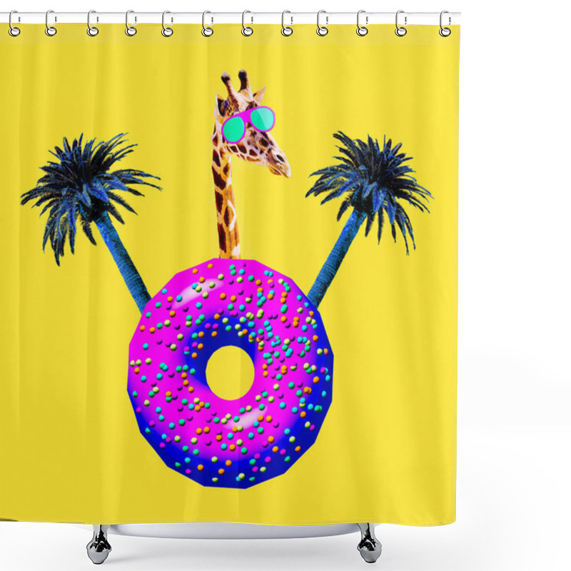 Personality  Giraffe Tropic Donut Mood. Contemporary Art Collage. Funny Fast Food Project Shower Curtains