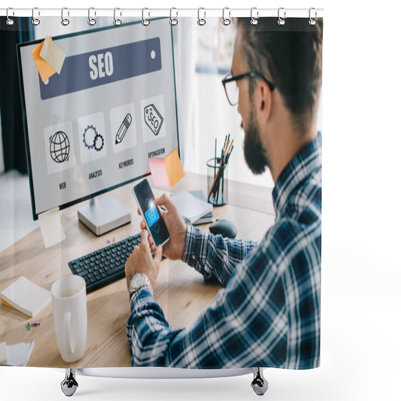 Personality  Handsome Young Seo Manager Using Smartphone And Computer At Workplace Shower Curtains