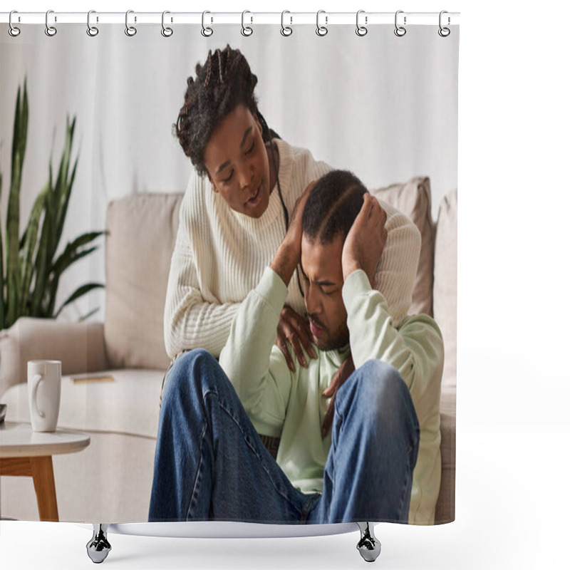 Personality  African American Couple Wearing Cozy Sweaters During Winter, Woman Comforting Her Crying Partner Shower Curtains