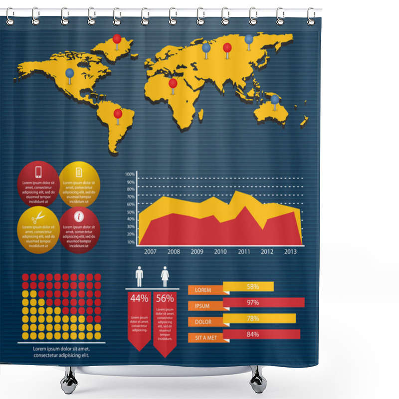 Personality  Retro Infographics Set. World Map And Information Graphics Shower Curtains