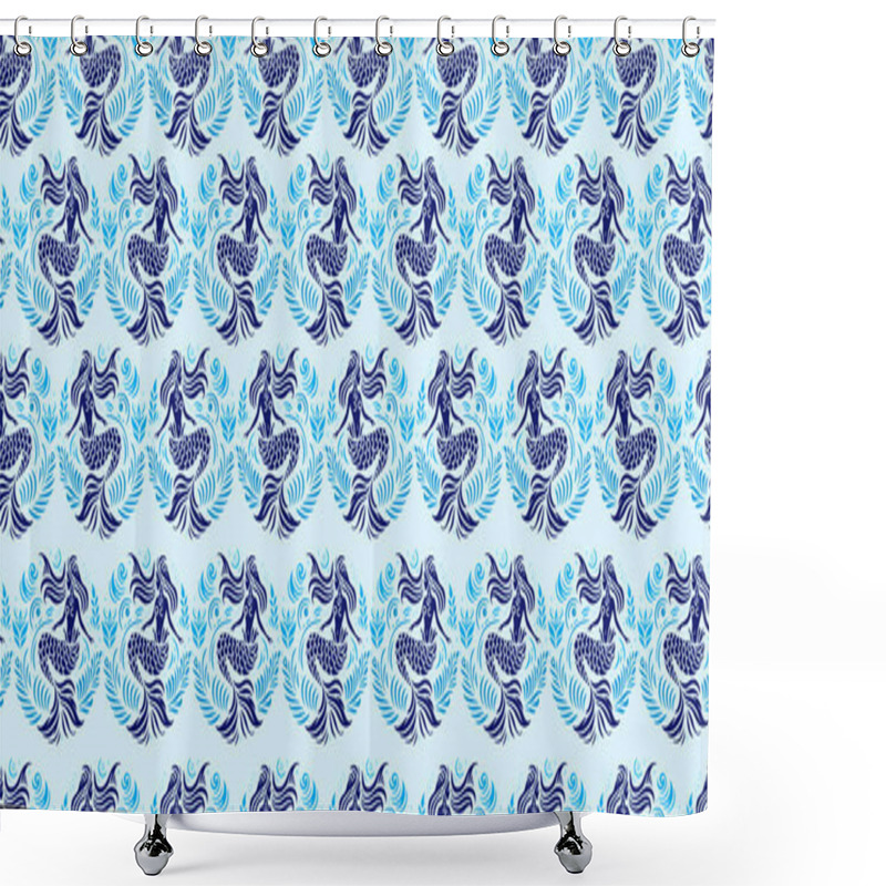 Personality  Underwater Art Pattern With Decorative Mermaids In Blue Tones In Seamless Background Shower Curtains