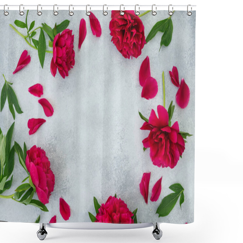 Personality  Floral Frame With Red Peonies Flowers On Gray Background. Flat Lay, Top View Shower Curtains