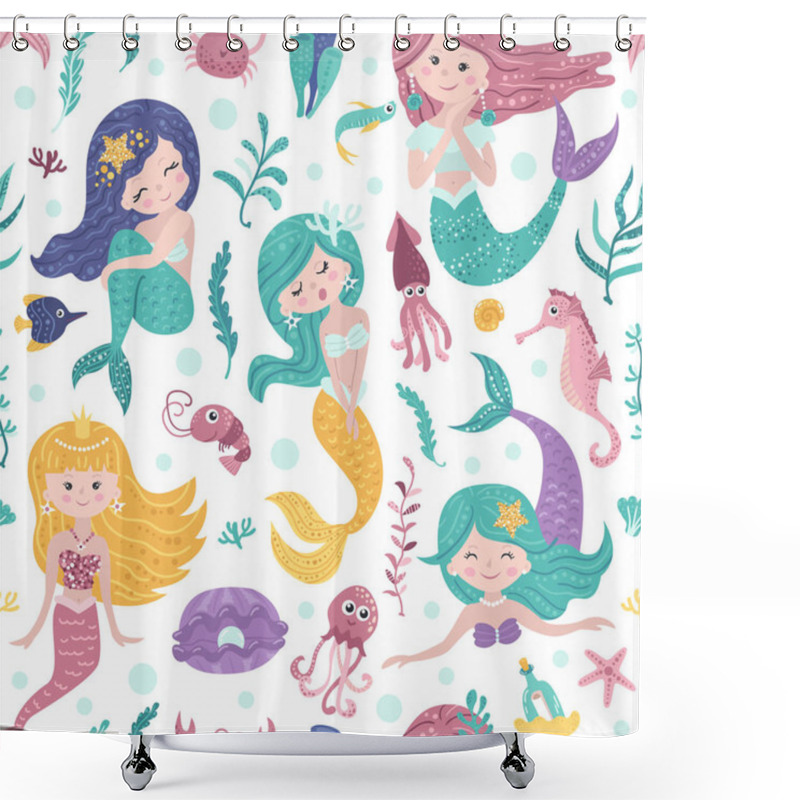 Personality  Seamless Pattern With Cute Mermaids, Seaweed And Fishes Shower Curtains