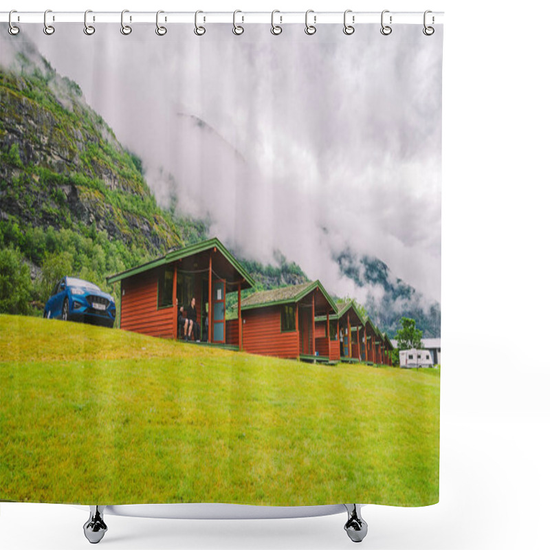 Personality  Traditional Red Camping Houses In Lunde Camping, Norway July 21, 2019. Classical Norwegian Camping Site With Traditional Wooden Red Cottages, Northern Norway. Camping Cabins Shower Curtains