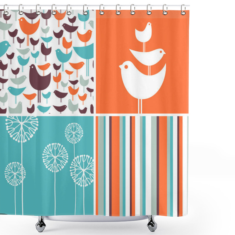 Personality  Coordinating Spring Patterns And Design Elements With Retro Birds, Flowers, Stripes Shower Curtains