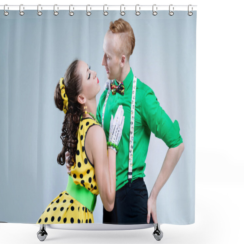 Personality  Portrait Lovely Funny Dancer Couple Dressed In Boogie-woogie Rock'n'roll Pin Up Style Posing Together In Studio. Shower Curtains