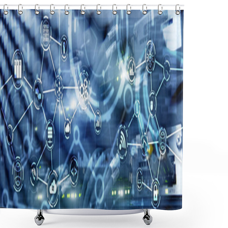 Personality  Universal Electronics Technology Background. Internet Concept Of Global Business. Server Rack Blurred Background Shower Curtains