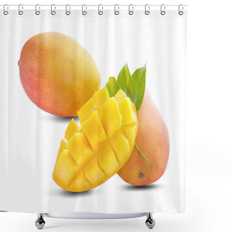 Personality  Mango Fruit With Mango Cubes And Slices. Isolated On A White Bac Shower Curtains