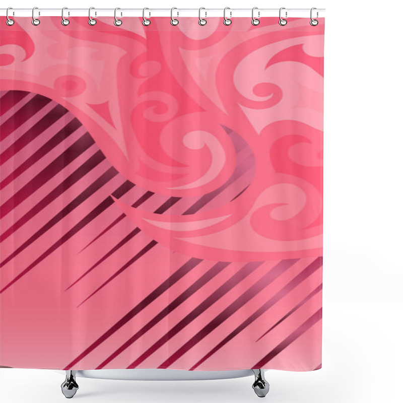 Personality  Abstract Background With Swirl Curly Ornament On Geometric Stripes Texture. Collage Of Stripes Texture With Decorative Curl Curves Shapes Ornament. Shower Curtains