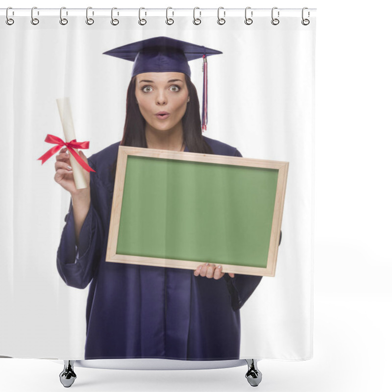 Personality  Female Graduate In Cap And Gown Holding Diploma Shower Curtains