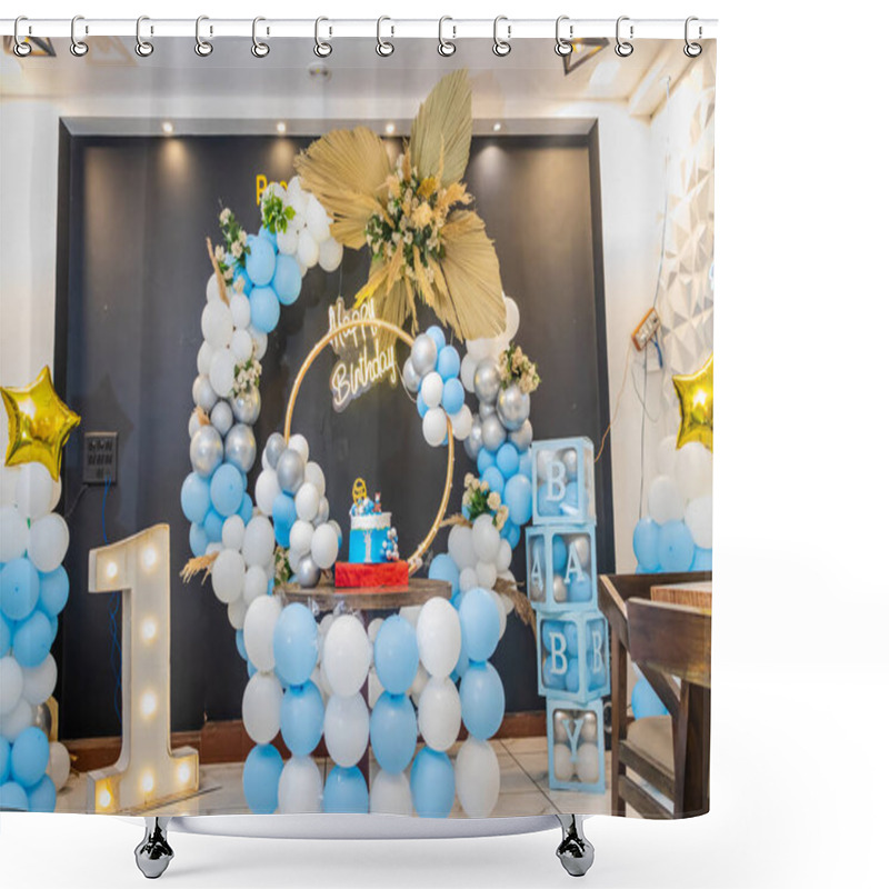 Personality  One Year Birthday Decoration With White And Blue Balloons From Different Angle Shower Curtains