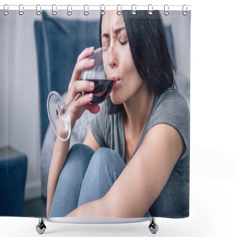 Personality  Beautiful Depressed Woman Drinking Wine At Home Shower Curtains