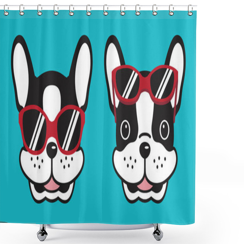 Personality  Dog Vector French Bulldog Smile Logo Icon Red Sunglasses Illustration Character Cartoon Shower Curtains