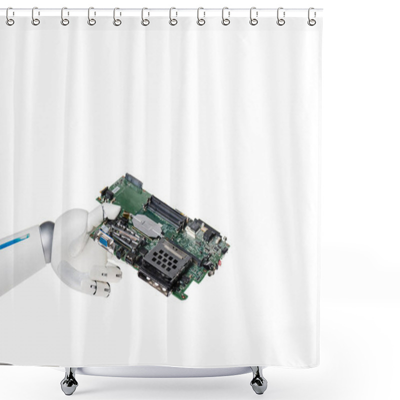 Personality  Cropped Shot Of Robot Holding Computer Circuit Board Isolated On White Shower Curtains