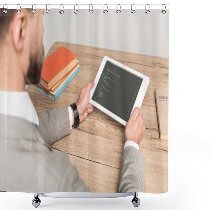 Personality  KYIV, UKRAINE - NOVEMBER 25, 2019: Cropped View Of Programmer Using Digital Tablet With Javascript On Screen Isolated On Grey  Shower Curtains