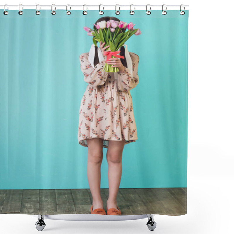 Personality  Stylish Girl In Summer Dress Holding Tulips, On Blue Shower Curtains