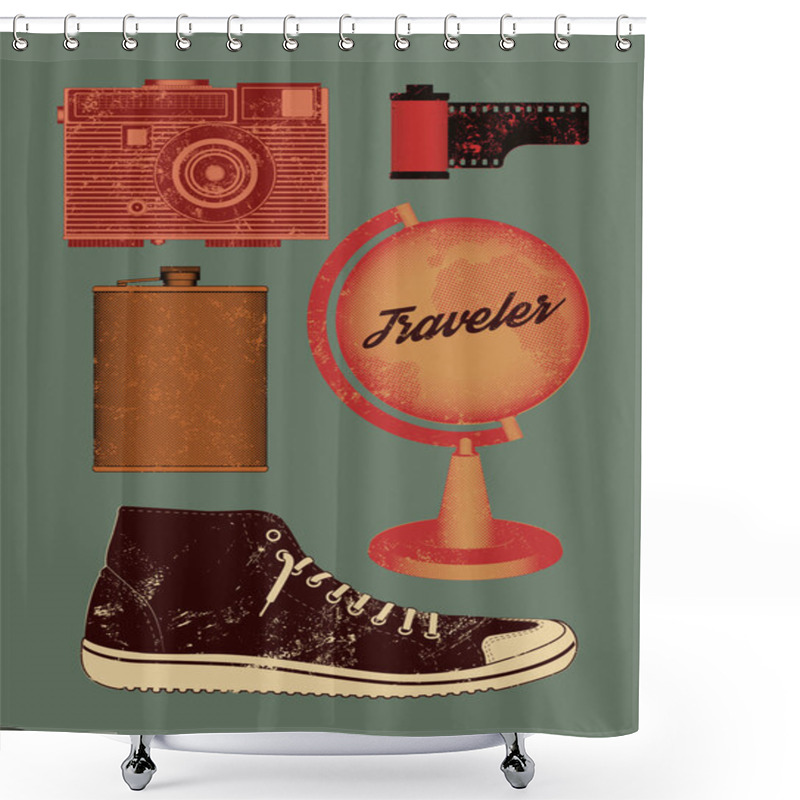 Personality  Vector Grunge Set Of Retro Things For Traveler. Shower Curtains