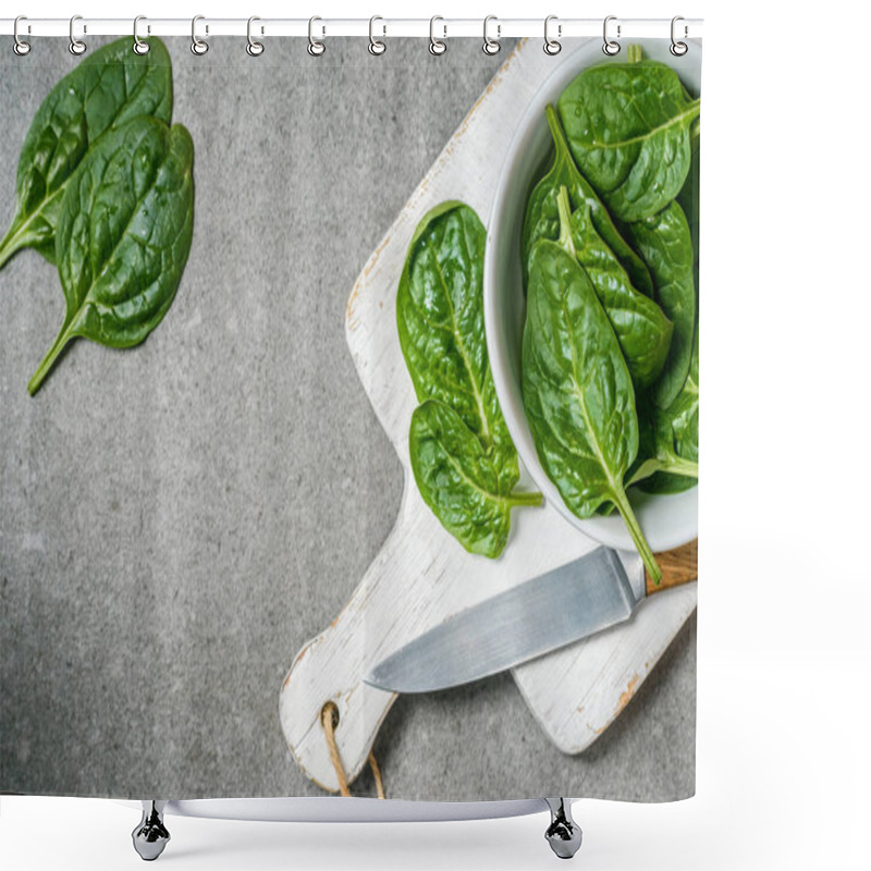 Personality  Top Veiw Of Organic And Green Spinach Leaves In Bowl On White Cutting Board  Shower Curtains