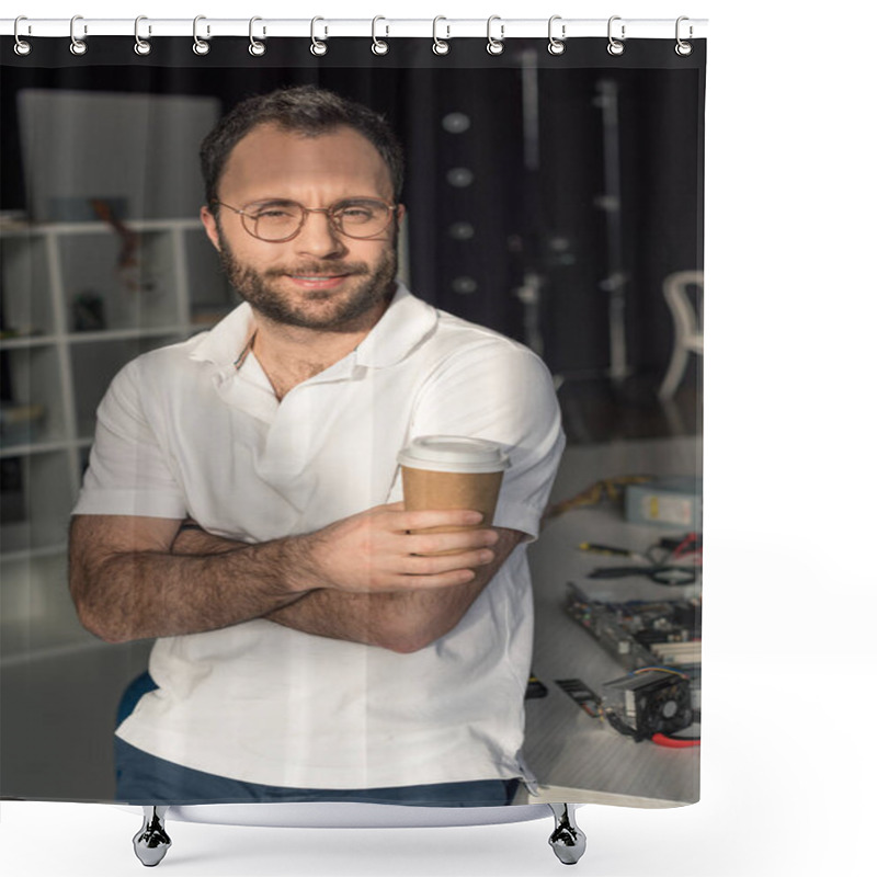 Personality  Man With Coffee In Hand Looking At Camera While Leaning On Table  Shower Curtains