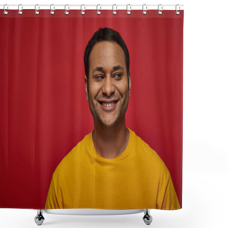 Personality  Sly Indian Man In Bright Yellow Clothes Looking Away And Smiling On Red Background, Side Glance Shower Curtains