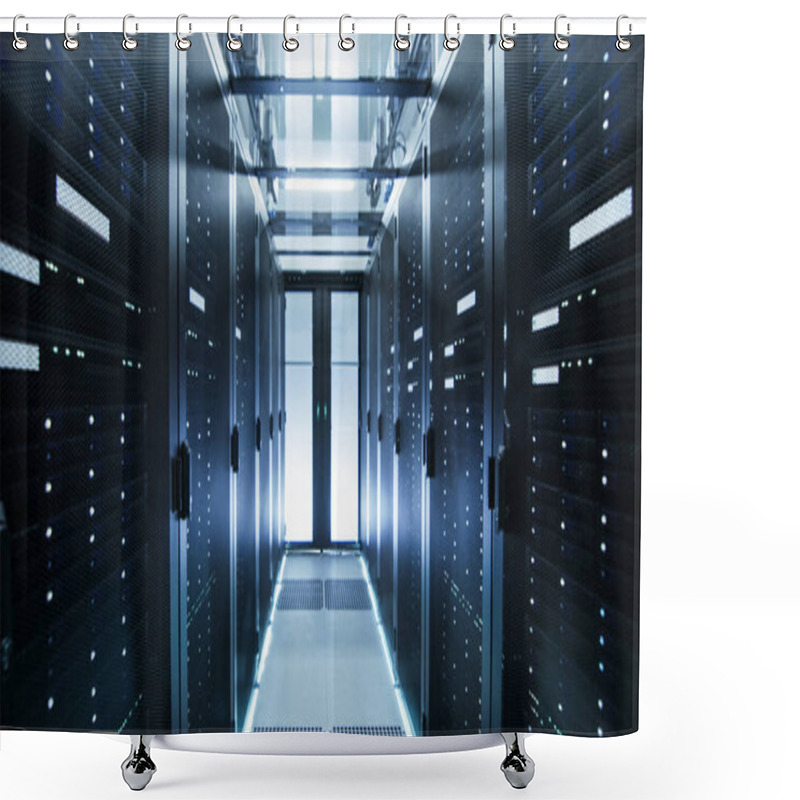 Personality  Shot Of A Working Data Center With Rows Of Rack Servers. Shower Curtains