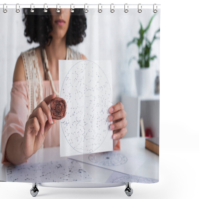 Personality  Partial View Of Oracle Holding Clay Rune And Constellations Map  Shower Curtains