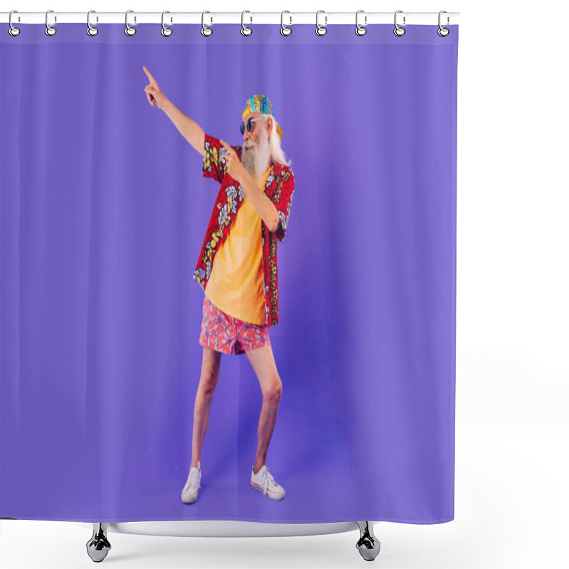 Personality  Senior Man With Eccentric Look  - 60 Years Old Man Having Fun, Portrait On Colored Background, Concepts About Youthful Senior People And Lifestyle Shower Curtains