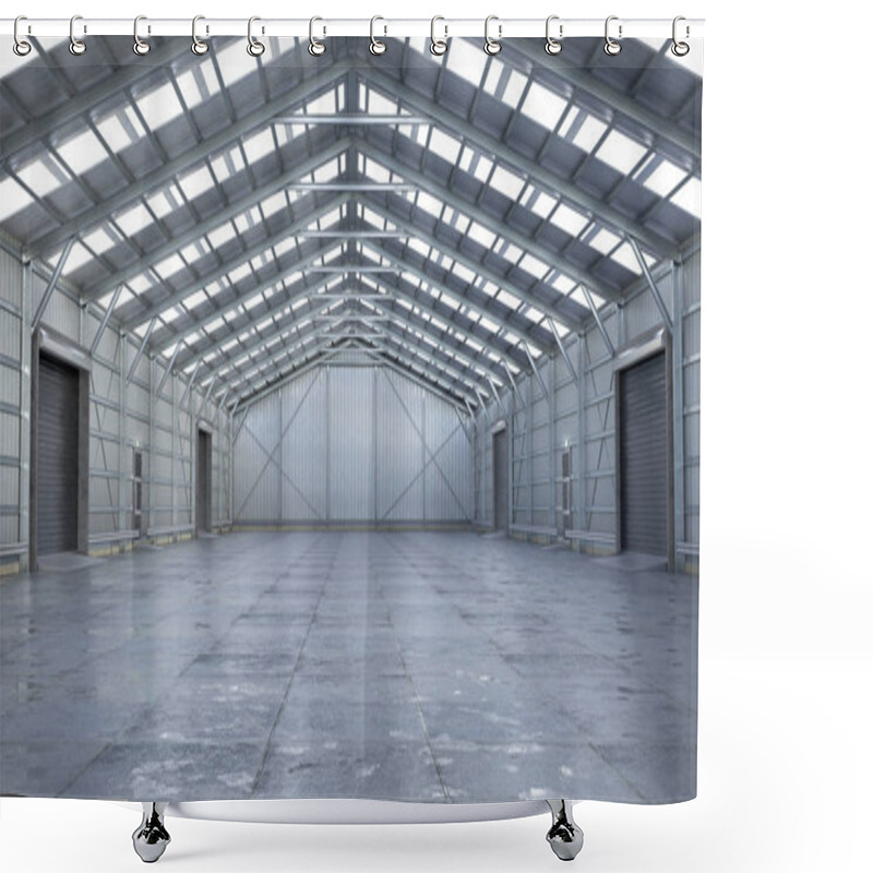 Personality  Hangar Interior With Rolling Gates. 3d Illustration Shower Curtains