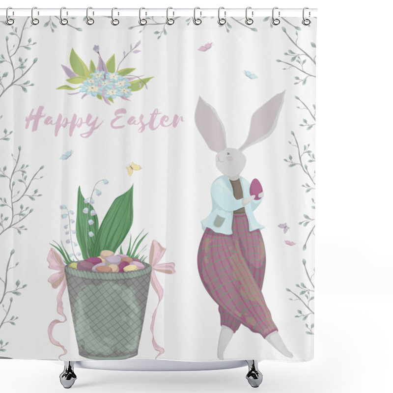 Personality  Vintage Greeting Card With Bunny Characters And Design Elements For The Easter Holiday. Easter Bunny, Eggs, Flowers, Basket, Spring Tree, Butterflies. Vector Illustration In Watercolor Style Shower Curtains