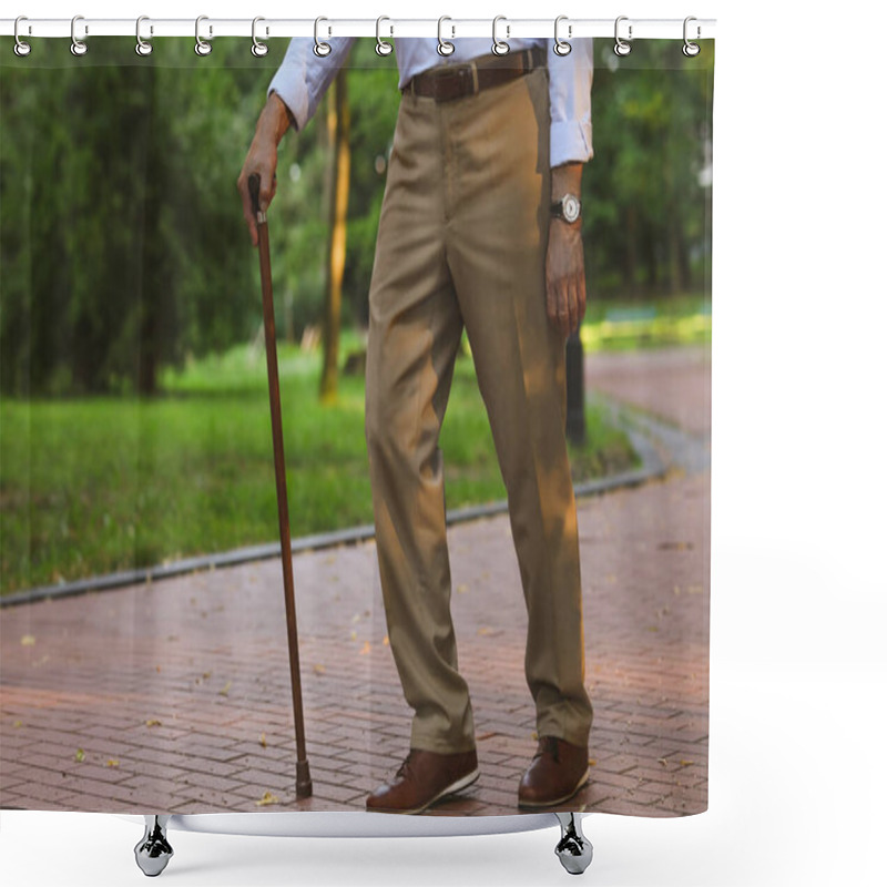 Personality  Senior Man With Walking Cane Outdoors, Closeup Shower Curtains