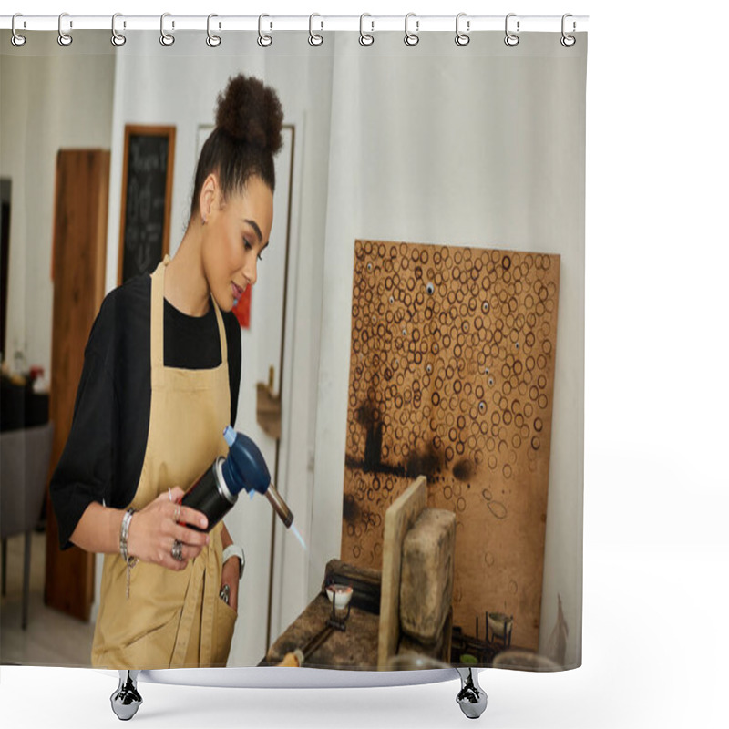 Personality  A Talented Chef Passionately Employs A Torch To Enhance Her Jewels In A Modern Studio. Shower Curtains