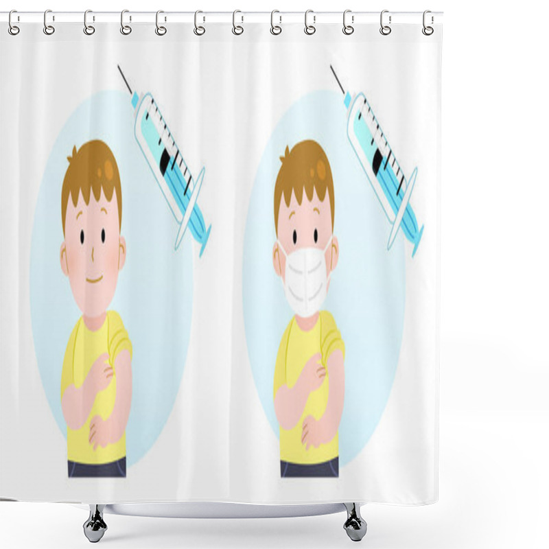 Personality  Young Child Patient Getting Vaccinated With Syringe. Isolated Character Vector Illustration.  International Vaccination Campaign For Children. Boy With And Without Ffp2 White Mask Showing His Arm. Shower Curtains