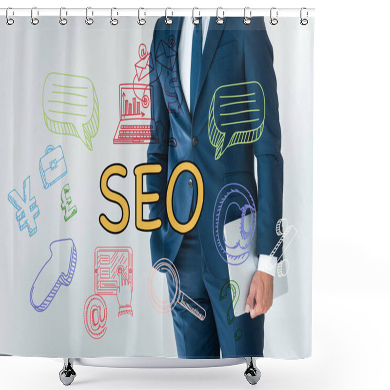 Personality  Midsection Of Businessman Standing With Laptop Isolated On White With Seo Icons Shower Curtains