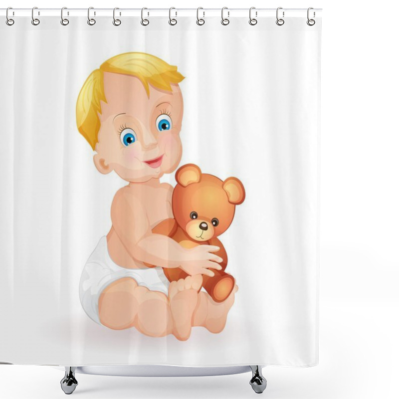 Personality  Baby Boy Holding Cute Teddy Bear Isolated On White Shower Curtains