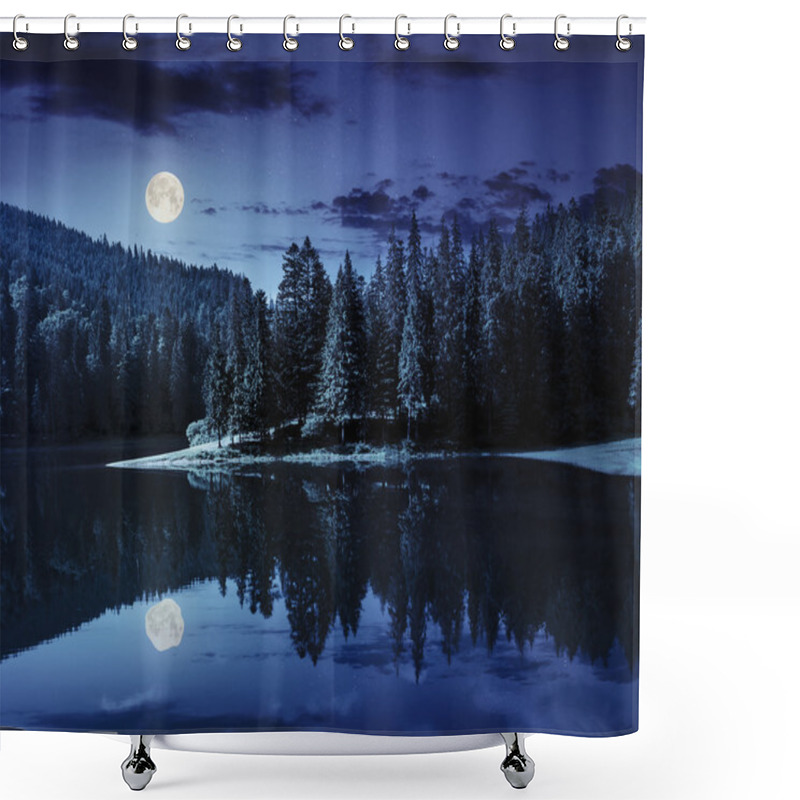 Personality  Lake Near The Mountain In Pine Forest At Night Shower Curtains