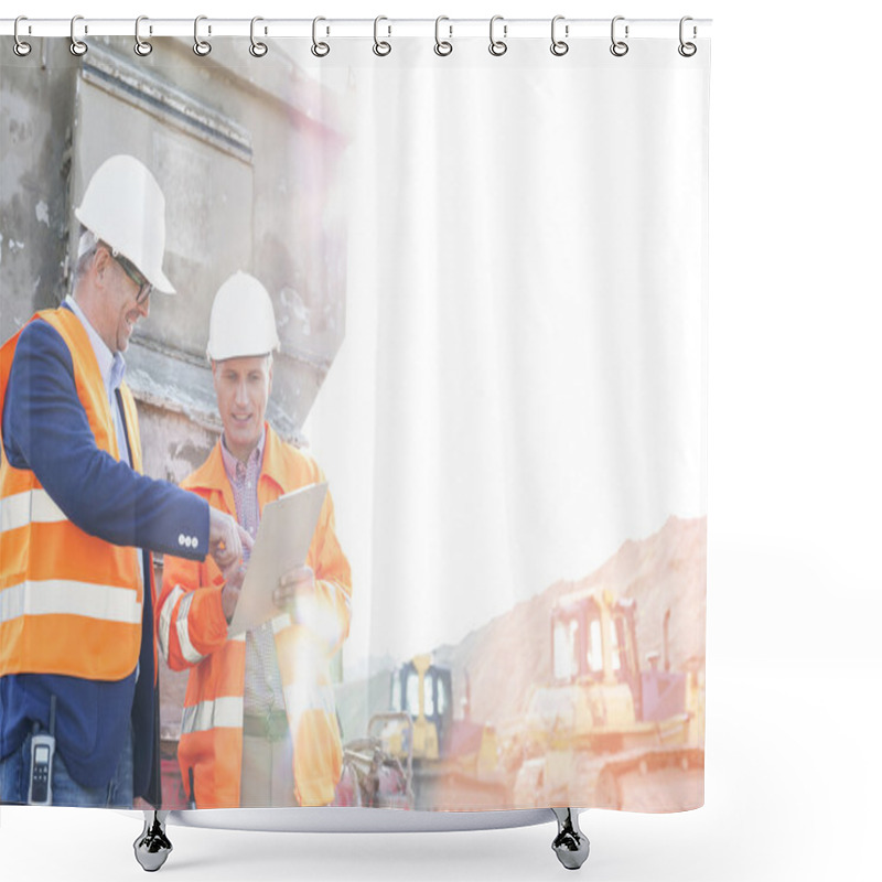 Personality  Supervisors Discussing Over Clipboard Shower Curtains