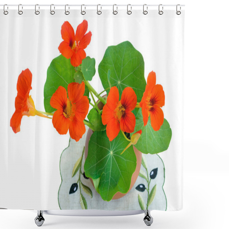 Personality  Nasturtium Flowers In A Ceramic Vase On A White Background. Shower Curtains