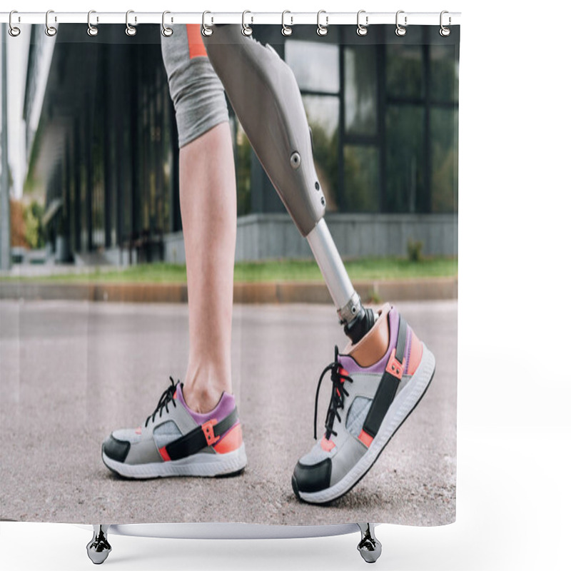 Personality  Partial View Of Disabled Sportswoman With Prosthesis On Street Shower Curtains